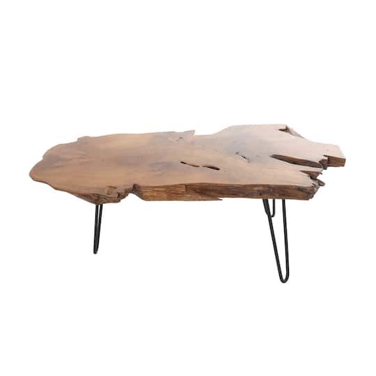 43" Brown Teak Wood Handmade Live Edge Coffee Table with Black Metal Hairpin Legs